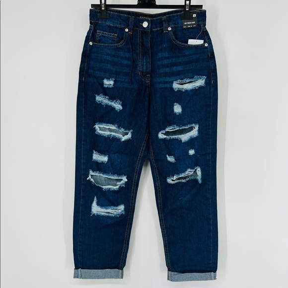 Blue High Waist Ripped Distressed Cuffed Boyfriend Jeans Denim Pants - Picture 10 of 13